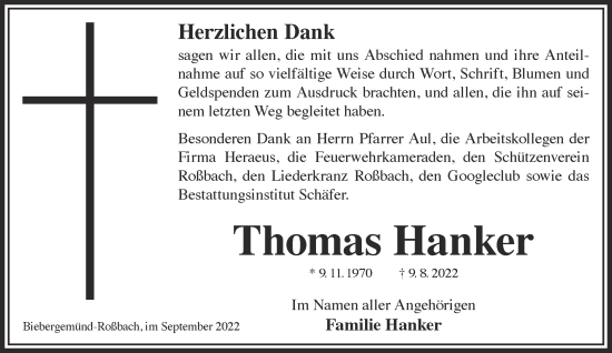 Traueranzeige von Thomas Hanker von Mittelhessen-Bote