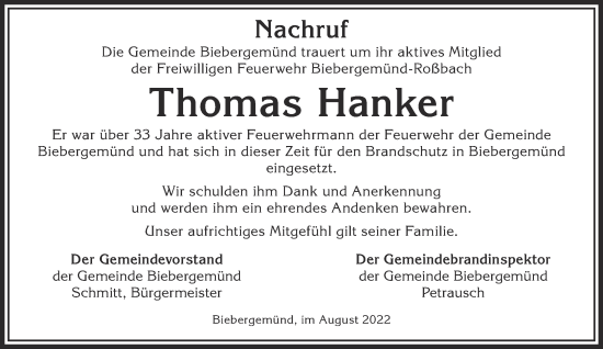 Traueranzeige von Thomas Hanker von Mittelhessen-Bote