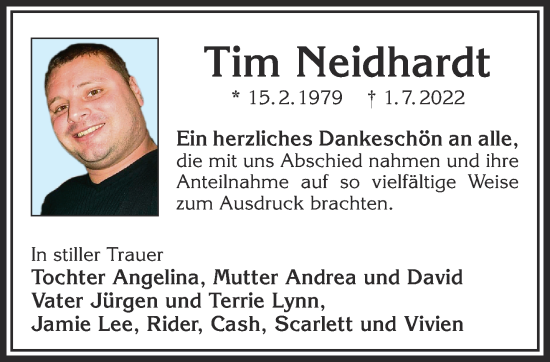 Traueranzeige von Tim Neidhardt von Gelnhäuser Neue Zeitung