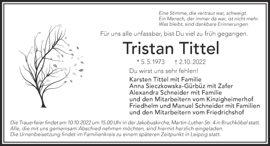 Traueranzeige von Tristan Tittel von Mittelhessen-Bote