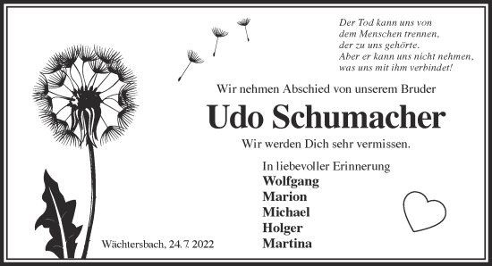 Traueranzeige von Udo Schumacher von Gelnhäuser Neue Zeitung