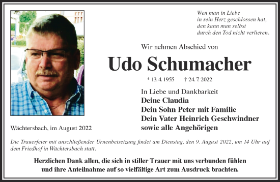 Traueranzeige von Udo Schumacher von Gelnhäuser Neue Zeitung