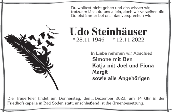 Traueranzeige von Udo Steinhäuser von Gelnhäuser Neue Zeitung