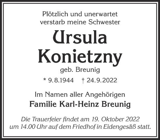 Traueranzeige von Ursula Konietzny von Gelnhäuser Neue Zeitung