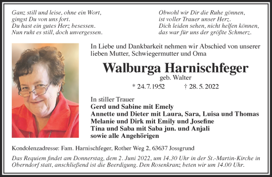 Traueranzeige von Walburga Harnischfeger von Gelnhäuser Neue Zeitung