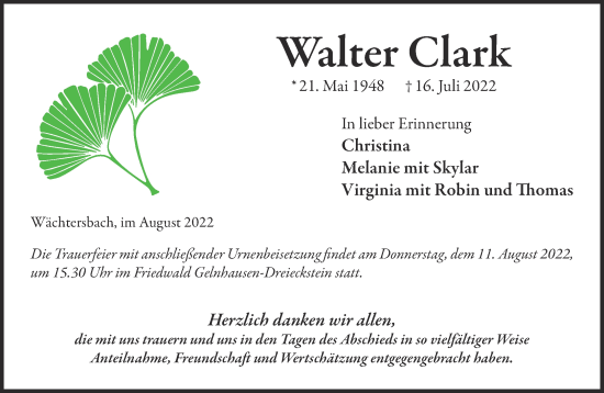 Traueranzeige von Walter Clark von Gelnhäuser Neue Zeitung