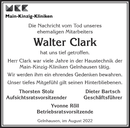 Traueranzeige von Walter Clark von Mittelhessen-Bote