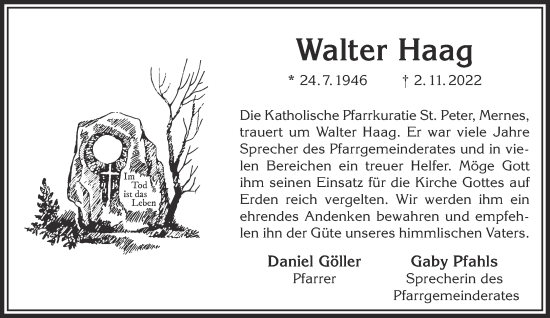 Traueranzeige von Walter Haag von Gelnhäuser Neue Zeitung