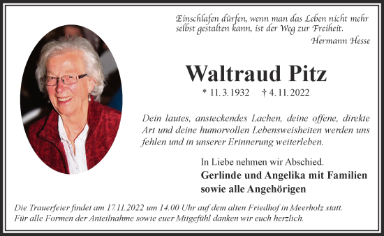 Traueranzeige von Waltraud Pitz von Gelnhäuser Neue Zeitung