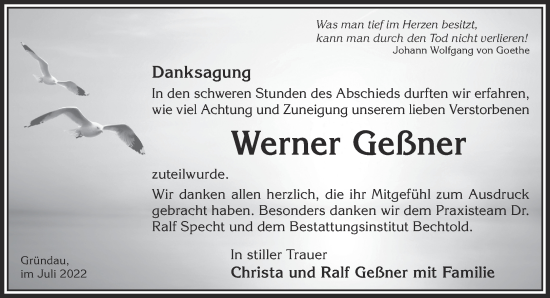 Traueranzeige von Werner Geßner von Gelnhäuser Neue Zeitung