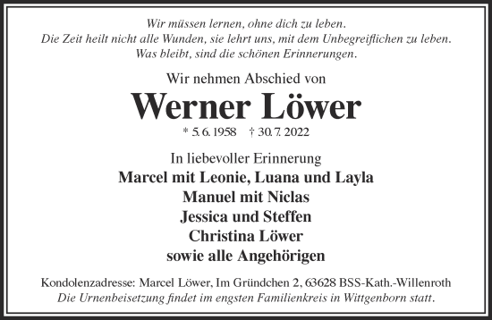 Traueranzeige von Werner Löwer von Gelnhäuser Neue Zeitung