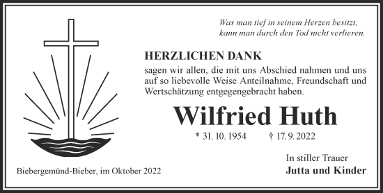 Traueranzeige von Wilfried Huth von Gelnhäuser Neue Zeitung