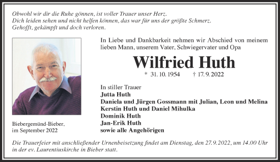 Traueranzeige von Wilfried Huth von Gelnhäuser Neue Zeitung