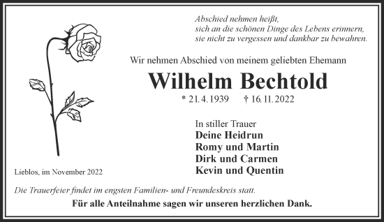 Traueranzeige von Wilhelm Bechtold von Gelnhäuser Neue Zeitung