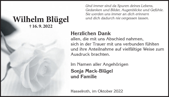 Traueranzeige von Wilhelm Blügel von Gelnhäuser Neue Zeitung