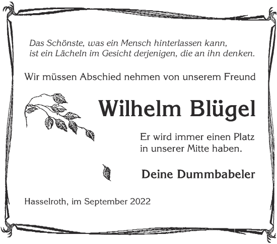 Traueranzeige von Wilhelm Blügel von Gelnhäuser Neue Zeitung