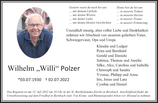 Traueranzeige von Wilhelm Polzer von Mittelhessen-Bote