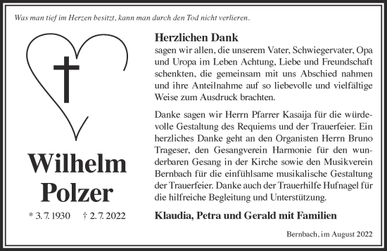 Traueranzeige von Wilhelm Polzer von Gelnhäuser Neue Zeitung