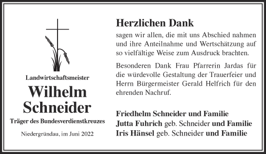 Traueranzeige von Wilhelm Schneider von Gelnhäuser Neue Zeitung