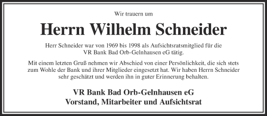 Traueranzeige von Wilhelm Schneider von Gelnhäuser Neue Zeitung