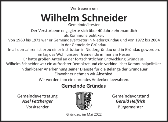 Traueranzeige von Wilhelm Schneider von Gelnhäuser Neue Zeitung