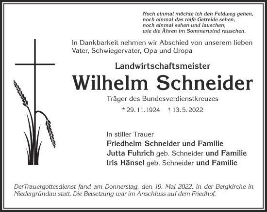 Traueranzeige von Wilhelm Schneider von Mittelhessen-Bote