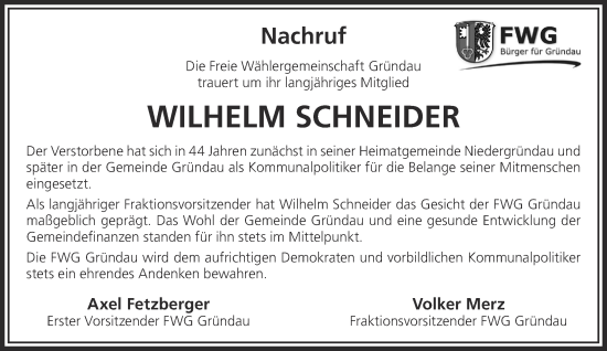 Traueranzeige von Wilhelm Schneider von Gelnhäuser Neue Zeitung