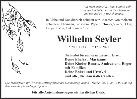 Traueranzeige von Wilhelm Seyler von Gelnhäuser Neue Zeitung