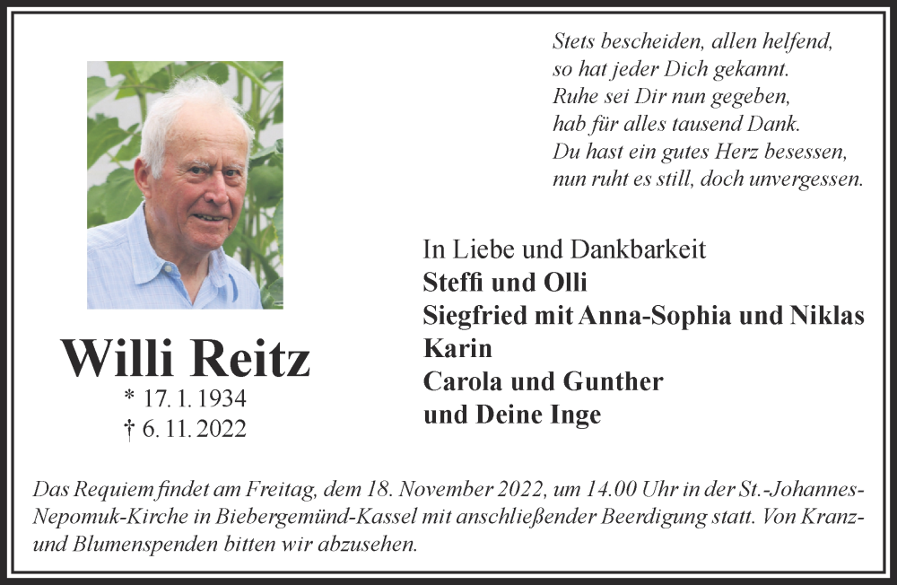  Traueranzeige für Willi Reitz vom 12.11.2022 aus Mittelhessen-Bote
