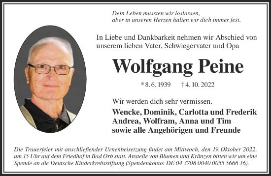 Traueranzeige von Wolfgang Peine von Gelnhäuser Neue Zeitung