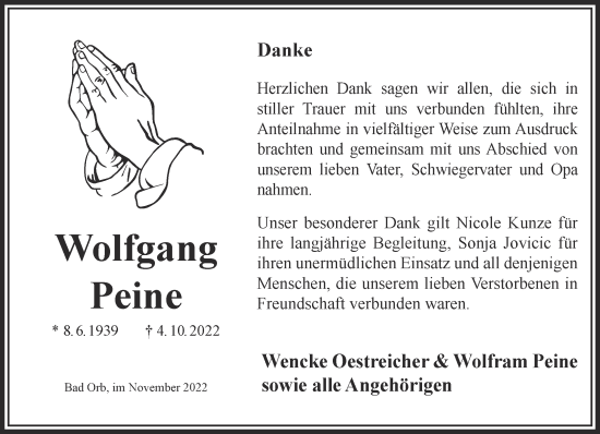 Traueranzeige von Wolfgang Peine von Gelnhäuser Neue Zeitung