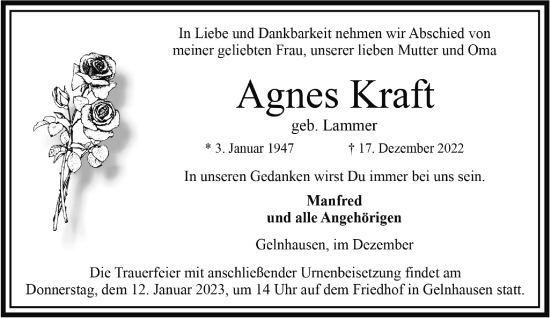 Traueranzeige von Agnes Kraft von Gelnhäuser Neue Zeitung