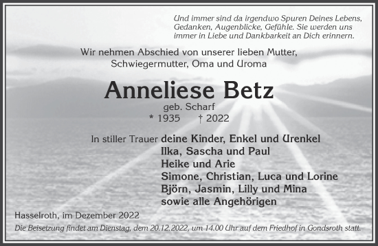 Traueranzeige von Anneliese Betz von Mittelhessen-Bote