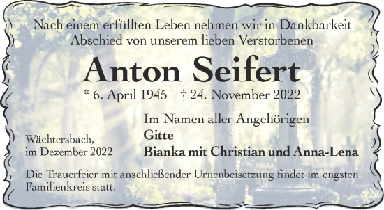 Traueranzeige von Anton Seifert von Gelnhäuser Neue Zeitung