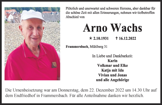 Traueranzeige von Arno Wachs von Mittelhessen-Bote