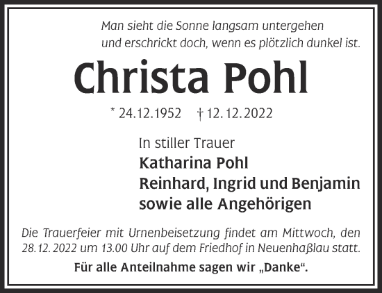 Traueranzeige von Christa Pohl von Gelnhäuser Neue Zeitung