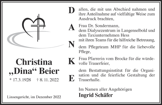 Traueranzeige von Christine Beier von Gelnhäuser Neue Zeitung