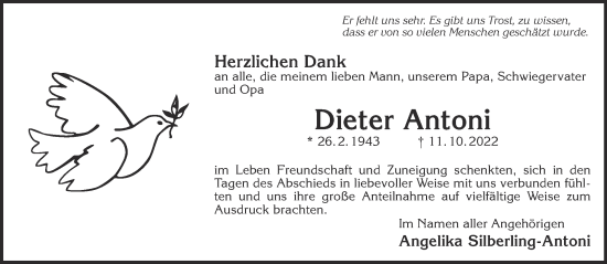 Traueranzeige von Dieter Antoni von Gelnhäuser Neue Zeitung