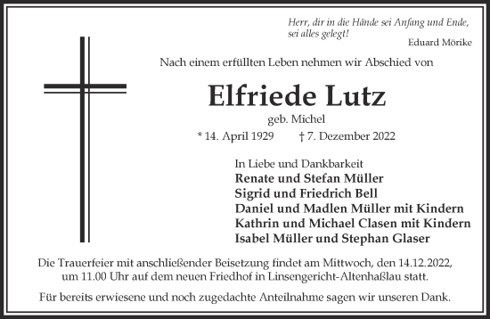 Traueranzeige von Elfriede Lutz von Gelnhäuser Neue Zeitung