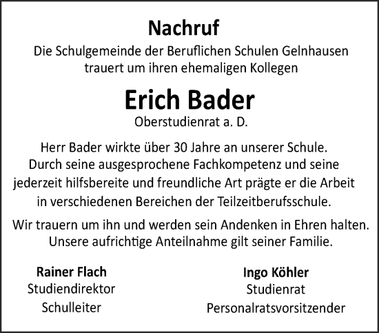 Traueranzeige von Erich Bader von Mittelhessen-Bote