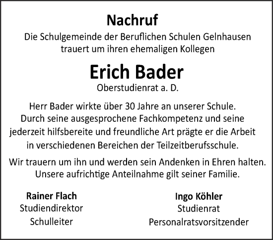 Traueranzeige von Erich Bader von Gelnhäuser Neue Zeitung