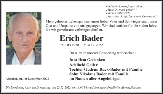 Traueranzeige von Erich Bader von Gelnhäuser Neue Zeitung