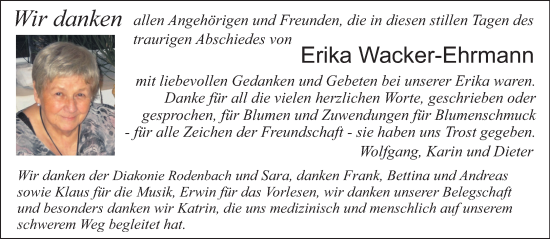 Traueranzeige von Erika Wacker-Ehrmann von Gelnhäuser Neue Zeitung