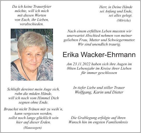 Traueranzeige von Erika Wacker-Ehrmann von Gelnhäuser Neue Zeitung