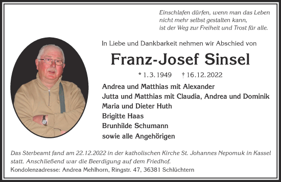 Traueranzeige von Franz-Josef Sinsel von Mittelhessen-Bote