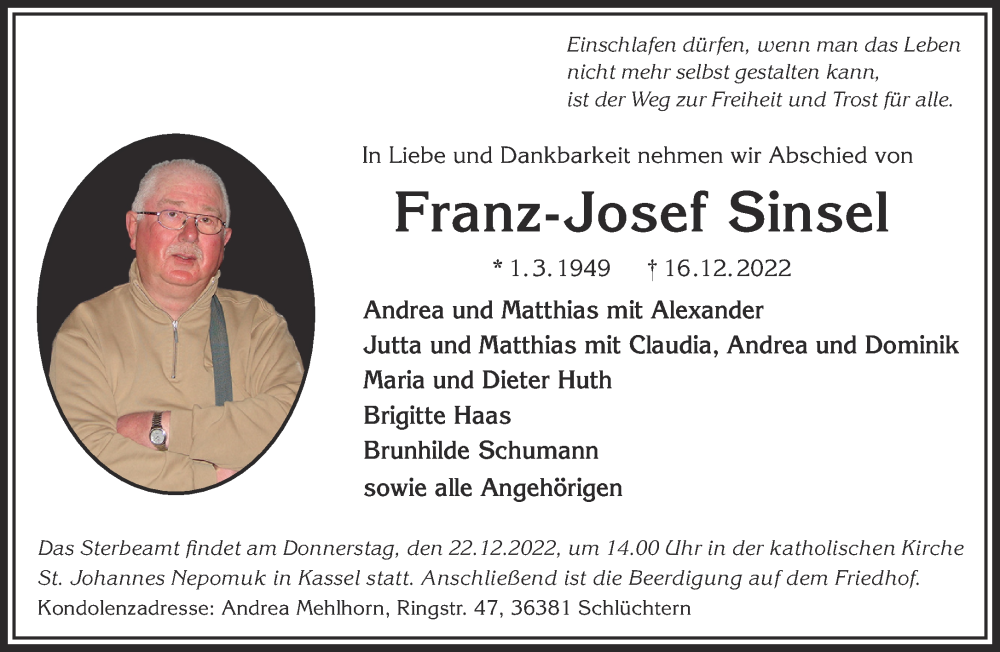  Traueranzeige für Franz-Josef Sinsel vom 20.12.2022 aus Gelnhäuser Neue Zeitung