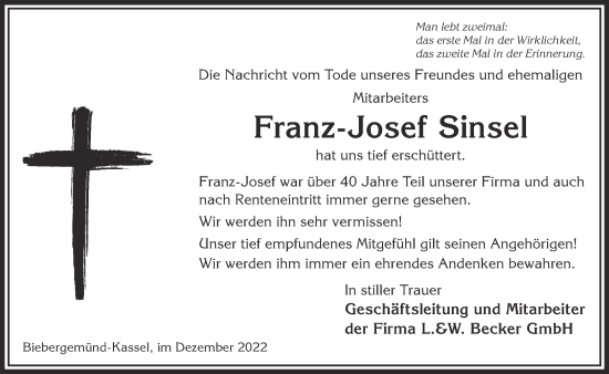 Traueranzeige von Franz-Josef Sinsel von Gelnhäuser Neue Zeitung