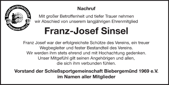 Traueranzeige von Franz-Josef Sinsel von Mittelhessen-Bote