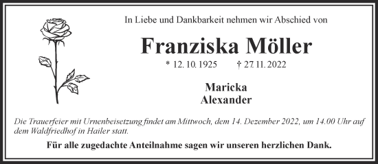 Traueranzeige von Franziska Möller von Gelnhäuser Neue Zeitung