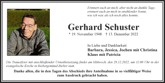 Traueranzeige von Gerhard Schuster von Gelnhäuser Neue Zeitung